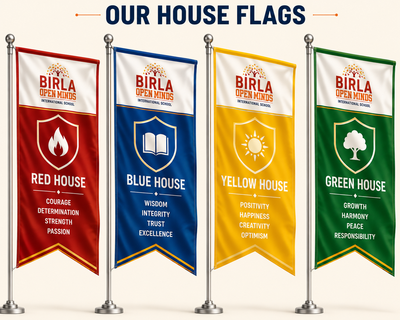 House flags for red, blue, yellow, and green houses